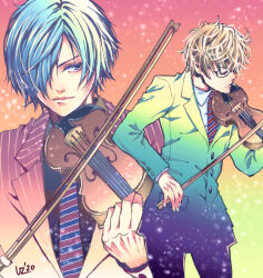 Rule 34 | 2boys, ao no orchestra, aono hajime, blonde hair, bow (music), closed eyes, glasses, gradient background, gradient shirt, hair between eyes, hair over one eye, highres, holding, holding instrument, instrument, kei (aoxxbl), male focus, multiple boys, music, necktie, playing instrument, saeki nao (ao no orchestra), short hair, simple background, striped necktie, upper body