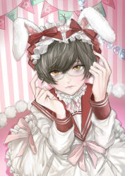Rule 34 | 1boy, animal ears, antenna hair, bad id, bad tumblr id, black hair, bow, bowtie, choker, closed mouth, collared dress, commentary request, crossdressing, dress, dress bow, eyelashes, floppy ears, frilled choker, frilled dress, frilled hairband, frills, from above, garland (decoration), glasses, grey-framed eyewear, hair bow, hair ornament, hairband, hands on own head, highres, indoors, lolita hairband, long sleeves, looking at viewer, nail polish, neck ribbon, original, pink background, pink bow, pink bowtie, pink hairband, pink nails, pink ribbon, pom pom (clothes), pom pom hair ornament, rabbit ears, red bow, red sailor collar, ribbon, ruya9999, sailor collar, short hair, striped, striped background, wavy mouth, white choker, white dress, white sleeves, yellow eyes