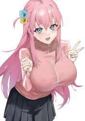 Rule 34 | 1girl, black skirt, blue eyes, bocchi the rock!, breasts, cube hair ornament, fang qiao, gotoh hitori, hair between eyes, hair ornament, highres, large breasts, long sleeves, looking at viewer, oink jacket, open mouth, pink hair, simple background, skirt, solo, teeth, upper teeth only, v, white background