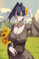Rule 34 | 1girl, absurdres, alternate costume, black hair, blue eyes, breasts, brown dress, cleavage, closed mouth, commentary, corset, cowboy shot, dress, elf, english commentary, flower, grasslands, hair flower, hair intakes, hair ornament, hand up, highres, hololive, hololive english, jewelry, large breasts, long sleeves, looking at viewer, necklace, o22no, ouro kronii, outdoors, pointy ears, short hair, slit pupils, smile, solo, sunflower, underbust, virtual youtuber, wide sleeves