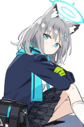 Rule 34 | 1girl, absurdres, animal ear fluff, animal ears, bag, blazer, blue archive, blue eyes, blue jacket, blue scarf, closed mouth, crossed arms, feet out of frame, fringe trim, gloves, green gloves, grey hair, grey skirt, hair ornament, halo, highres, jacket, knees up, looking at viewer, looking to the side, open clothes, open jacket, plaid, plaid skirt, pleated skirt, scarf, school uniform, shiduki eku, shiroko (blue archive), shirt, simple background, sitting, skirt, socks, solo, white background, white shirt, white socks