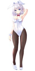 Rule 34 | 1girl, animal ears, blue eyes, bow, bowtie, breasts, brown pantyhose, cleavage, commentary request, detached collar, fishnet pantyhose, fishnets, full body, high heels, highres, kuro (be ok), large breasts, leotard, looking at viewer, original, pantyhose, playboy bunny, rabbit ears, rabbit tail, red bow, red bowtie, short hair, silver hair, simple background, solo, strapless, strapless leotard, tail, white background, white footwear, white leotard