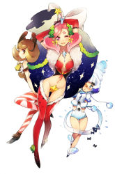 Rule 34 | 3girls, ;d, bad id, bad pixiv id, bell, blue eyes, brown eyes, brown hair, candy, candy cane, carrot, christmas, cowbell, food, food print, gloves, highres, midriff, mittens, multiple girls, navel, one eye closed, open mouth, original, pink eyes, pink hair, red legwear, reika (clovia studio), sack, school swimsuit, simple background, smile, star (symbol), striped clothes, striped legwear, striped thighhighs, swimsuit, thighhighs, vertical-striped clothes, vertical-striped legwear, vertical-striped thighhighs, watermelon print, white background, wink