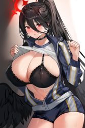 Rule 34 | 1girl, absurdres, black bra, black hair, blue archive, blue jacket, blue shorts, bra, breasts, choker, clothes lift, hair between eyes, halo, hasumi (blue archive), hasumi (track) (blue archive), highres, huge breasts, jacket, long hair, long sleeves, looking at viewer, open clothes, open jacket, ponytail, red eyes, shirt lift, shorts, solo, soradally, thighs, underwear, very long hair