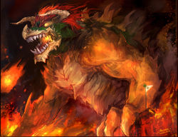 Rule 34 | bowser, epic, fire, flag, giant, glowing, glowing eyes, horns, kazeco, mario (series), monster, nintendo, no humans, red hair, sharp teeth, shell, spikes, super mario bros. 1, teeth