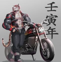 Rule 34 | 1boy, abs, absurdres, bara, black eyes, boots, fangs, fingerless gloves, fjrtuflrkdxk, furry, furry male, gloves, grey background, helmet, highres, jacket, kanji, large pectorals, leather, leather jacket, looking at viewer, male focus, manly, mature male, motor vehicle, motorcycle, motorcycle helmet, muscular, muscular male, open clothes, open jacket, original, pants, pectorals, red hair, short hair, simple background, smirk, solo, spiked hair, teeth, thick arms, thick eyebrows, thick thighs, thighs, tiger boy, tight clothes, tusks