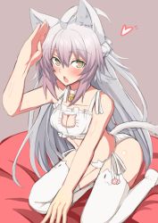 Rule 34 | 1girl, animal ears, atalanta (fate), atalanta alter (fate), bell, blush, breasts, cat ears, cat lingerie, cat tail, choker, cleavage, cleavage cutout, clothing cutout, fang, fate/apocrypha, fate (series), green eyes, grey hair, hair between eyes, heart, heart-shaped pupils, kneeling, long hair, looking at viewer, medium breasts, meme attire, nahu, neck bell, open mouth, solo, symbol-shaped pupils, tail, thighhighs, white thighhighs