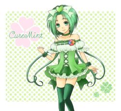 Rule 34 | 00s, 1girl, adapted costume, akimoto komachi, alternate costume, bad id, bad pixiv id, character name, cure mint, dress, green eyes, green hair, green thighhighs, hair ornament, magical girl, matching hair/eyes, natsukaze, natsukaze (un noeud), precure, solo, strapless, strapless dress, thighhighs, yes! precure 5