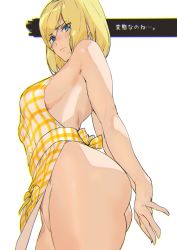 Rule 34 | 1girl, apron, arms behind back, ashiomi masato, ass, blonde hair, blue eyes, breasts, checkered apron, checkered clothes, closed mouth, eyes visible through hair, female focus, guilty gear, hair between eyes, long hair, looking down, millia rage, naked apron, simple background, solo, standing, sweat, swept bangs, thighs, white background