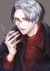 Rule 34 | 1boy, absurdres, bespectacled, black hair, black jacket, buttons, chromatic aberration, cigarette, collared jacket, collared shirt, commentary request, divus crewel, earrings, eyeshadow, glasses, grey background, grey eyes, hand up, highres, holding, holding cigarette, jacket, jewelry, kurosuke-s, layered sleeves, long sleeves, looking at viewer, makeup, male focus, multicolored hair, open clothes, open collar, open jacket, open mouth, red shirt, round eyewear, shadow, shirt, short hair, simple background, smoke, solo, split-color hair, teeth, turtleneck, twisted wonderland, two-tone hair, upper body, white hair
