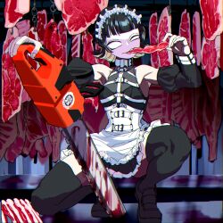 Rule 34 | 1girl, apron, bare shoulders, black footwear, black hair, black thighhighs, blood, boby oreon, bone, bone hair ornament, chainsaw, chromatic aberration, colored inner hair, commentary, corset, detached sleeves, dress, eating, food, hair ornament, hanging food, highres, holding, holding chainsaw, hook, meat, multicolored hair, no pupils, original, raw meat, shoes, solo, spine, squatting, symbol-only commentary, thighhighs