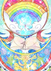 Rule 34 | blue sky, book, cloud, crescent, highres, itomugi-kun, moon, musical note, no humans, open book, outdoors, rainbow, sky, stained glass, star (symbol), touhou, wings