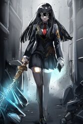 Rule 34 | 1girl, bad id, bad twitter id, bar censor, black hair, black thighhighs, blunt bangs, censored, collared shirt, debris, foot out of frame, glowing, glowing sword, glowing weapon, hand tattoo, highres, holding, holding phone, holding sword, holding weapon, identity censor, loafers, long hair, necktie, open mouth, phone, pleated skirt, protagonist 2 (housamo), red necktie, school uniform, shirt, shoes, skirt, solo, star tattoo, sweatdrop, sword, tass commuovere, tattoo, thighhighs, tokyo houkago summoners, walking, weapon, white shirt