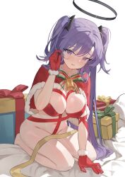Rule 34 | 1girl, absurdres, bed sheet, bell, blue archive, blush, box, breasts, capelet, gift, gift box, gloves, halo, highres, large breasts, long hair, mechanical halo, navel, open mouth, purple eyes, purple hair, red capelet, red gloves, riok hh, santa costume, solo, two side up, yuuka (blue archive)