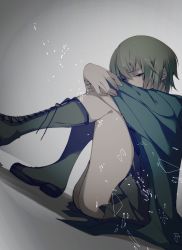 Rule 34 | 1girl, artist request, bandaged arm, bandages, black footwear, black skirt, blue eyes, boots, commentary request, cross-laced footwear, green hair, green jacket, hatsune miku, highres, hugging own legs, jacket, knee boots, lace-up boots, long sleeves, looking at viewer, one eye closed, pleated skirt, sad, short hair, sitting, skirt, solo, vocaloid