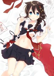Rule 34 | 10s, 1girl, bed sheet, bikini, bikini top only, black hair, black panties, blue eyes, blush, braid, breasts, china dress, chinese clothes, clothes lift, unworn clothes, collarbone, dress, flower, hair between eyes, hair flaps, hair ornament, hair over shoulder, hairpin, kantai collection, light smile, looking at viewer, lying, midriff, naoto (tulip), navel, on back, on bed, open clothes, open skirt, panties, pleated skirt, red ribbon, ribbon, school uniform, serafuku, shigure (kancolle), shigure kai ni (kancolle), shirt lift, short sleeves, single braid, skirt, small breasts, solo, stomach, swimsuit, underboob, underwear