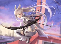 Rule 34 | 1girl, absurdres, animal ear fluff, animal ears, arknights, bow (weapon), building, cloak, compound bow, grey hair, highres, hitsuji no rice, holding, holding bow (weapon), holding weapon, horse ears, horse girl, horse tail, huge filesize, long hair, looking at viewer, platinum (arknights), shorts, solo, squatting, tail, thighhighs, weapon, white cloak, white hair, white shorts