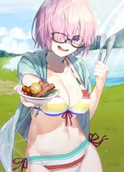Rule 34 | 1girl, :d, arm up, bikini, blue shirt, board game, bowl, breasts, cleavage, cloud, collarbone, corn, cowboy shot, dress shirt, fate/grand order, fate (series), food, fuyuhi tsukika, glasses, glasses over hair, go (board game), grass, hair over eyes, hair over one eye, highres, holding, lake, large breasts, light purple hair, looking at viewer, mash kyrielight, mountain, navel, official alternate costume, open mouth, purple eyes, rainbow bikini, see-through, shirt, short hair, signature, sky, smile, solo, steak, striped bikini, striped clothes, sunlight, swimsuit, teeth, tomato, tongs, unbuttoned, unbuttoned shirt
