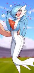 Rule 34 | 1girl, =3, arm around waist, averting eyes, blue hair, blue skin, blue sky, blurry, blurry background, blush, bob cut, cloud, colored skin, constricted pupils, creatures (company), day, disembodied limb, female focus, flat chest, game freak, gardevoir, gen 3 pokemon, hair over one eye, hands up, happy, heart, knees together feet apart, looking to the side, multicolored skin, nintendo, nose blush, one eye covered, open mouth, outdoors, pokemon, pokemon (creature), raised eyebrows, red eyes, saltyxodium, short hair, sky, smile, solo focus, standing, standing on one leg, sweat, trembling, two-tone skin, white skin