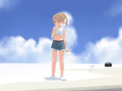Rule 34 | 1girl, alternate hairstyle, ankle socks, bad id, bad pixiv id, bare arms, bare shoulders, belt, blue shorts, blue sky, blush, brown belt, brown eyes, brown hair, clothes lift, cloud, cloudy sky, cutoffs, day, holding, holding paintbrush, idolmaster, idolmaster cinderella girls, lifted by self, looking away, looking to the side, morikubo nono, navel, outdoors, paintbrush, parted lips, ponytail, ringlets, shirt, shirt lift, shoes, short shorts, shorts, sky, sleeveless, sleeveless shirt, socks, solo, standing, stereo, sweat, uccow, white footwear, white shirt, white socks