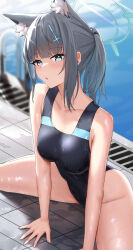 1girl animal_ear_fluff animal_ears bare_shoulders blue_archive blue_eyes blush breasts collarbone covered_navel cross_hair_ornament extra_ears grey_hair hair_ornament halo highres looking_at_viewer medium_breasts medium_hair mismatched_pupils multicolored_clothes one-piece_swimsuit parted_lips ponytail pool pool_ladder poolside shiroko_(blue_archive) shiroko_(swimsuit)_(blue_archive) skai_kun solo swimsuit thighs water wet wolf_ears