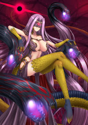 Rule 34 | 1girl, adsouto, blindfold, blush, breasts, bustier, claws, cleavage, cleavage cutout, clothing cutout, commentary, domino mask, embers, energy, english commentary, fate/grand order, fate (series), fingernails, glowing, glowing eye, glowing eyes, glowing mouth, gorgon (fate), highres, huge breasts, large breasts, long fingernails, long hair, mask, medusa (fate), medusa (rider) (fate), monster girl, navel, pelvic curtain, purple hair, revealing clothes, rider, scales, slit pupils, smile, snake, solo, square pupils, very long hair
