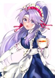 Rule 34 | 1girl, :d, absurdres, apron, blue dress, cup, detached sleeves, dress, fire emblem, fire emblem: genealogy of the holy war, fire emblem heroes, from side, headdress, highres, holding, holding cup, long hair, looking at viewer, maid apron, maid headdress, nintendo, official alternate costume, open mouth, ponytail, puffy short sleeves, puffy sleeves, purple eyes, purple hair, short sleeves, smile, solo, tailtiu (fire emblem), tailtiu (tea party) (fire emblem), teacup, vaariomanime, very long hair, white apron