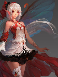 Rule 34 | 1girl, asymmetrical clothes, bare shoulders, bracelet, character request, criss-cross halter, fairy, fom (lifotai), halterneck, highres, insect wings, jewelry, lips, long hair, pointy ears, red eyes, simple background, skirt, solo, thighhighs, very long hair, white hair, white thighhighs, wings