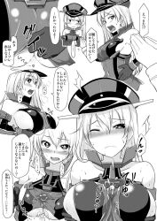Rule 34 | 1boy, 1girl, after ejaculation, after paizuri, anchor choker, bismarck (kancolle), bismarck kai (kancolle), blonde hair, blue eyes, breasts, cum, cum on body, cum on breasts, cum on clothes, cum on upper body, elbow gloves, gloves, hat, hetero, hirase yuu, kantai collection, large breasts, looking at another, looking at viewer, military hat, monochrome, multiple views, off shoulder, one eye closed, open mouth, paizuri, peaked cap, sideboob, smile, teeth, translation request, underboob, upper teeth only