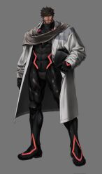 Rule 34 | 1boy, abs, bandaid, bandaid on face, beard, black hair, coat, dobek k, facial hair, formal, grey background, helmet, highres, latex, latex suit, male focus, manly, mature male, muscular, muscular male, open clothes, open coat, scarf, scp-500, scp foundation, short hair, simple background, solo, spiked hair, suit, thick eyebrows, thick thighs, thighs