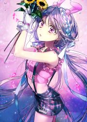 Rule 34 | 1girl, :o, absurdres, animal ears, armpit peek, bare arms, bare shoulders, black skirt, blush, braid, breasts, cowboy shot, crop top, fake animal ears, flower, gloves, hair ribbon, hands up, highres, holding, jewelry, key, leaf, long hair, looking at viewer, midriff, miniskirt, navel, necklace, open mouth, original, pink eyes, pink shirt, purple hair, rabbit ears, ribbon, shirt, skirt, sleeveless, sleeveless shirt, small breasts, solo, standing, sunflower, suspender skirt, suspenders, very long hair, wata (attaka towel), water drop, white gloves, yellow flower