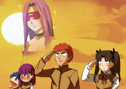 Rule 34 | 1boy, 3girls, bare shoulders, black hair, blindfold, blue hair, blush, breasts, brown jacket, brown vest, character doll, choker, cleavage, closed mouth, club3, collared shirt, covered eyes, elbow gloves, emiya shirou, facing viewer, fate/stay night, fate (series), frown, gloves, hair between eyes, hair ribbon, hand puppet, hand up, homurahara academy school uniform, jacket, long hair, long sleeves, looking down, looking up, matou sakura, matou shinji, medusa (fate), medusa (rider) (fate), multiple girls, orange sky, outdoors, projected inset, puppet, purple eyes, purple hair, red hair, red ribbon, ribbon, salute, sanpaku, school uniform, shirt, sky, smile, sun, sunset, tears, tohsaka rin, two side up, vest, white shirt, wing collar