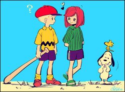Rule 34 | 1boy, 1girl, ?, animal, animal on head, arms behind back, bad id, bad twitter id, bare legs, baseball bat, baseball cap, beagle, bird, black border, blonde hair, blue background, blue shorts, border, brown hair, charlie brown, dog, eye contact, freckles, green shirt, hat, heart, laughing, looking at another, noaki, on head, outdoors, peanuts, peppermint patty, red hair, sandals, shirt, shorts, signature, simple background, snoopy, socks, striped clothes, striped shirt, swept bangs, t-shirt, vertical stripes, woodstock, yellow legwear, yellow shirt