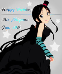 Rule 34 | 1girl, akiyama mio, arm warmers, bad id, bad pixiv id, birthday, black dress, black eyes, black hair, character name, dated, don&#039;t say &quot;lazy&quot;, dress, fingerless gloves, gloves, happy birthday, hat, k-on!, kaiman, long hair, looking back, mini hat, mini top hat, smile, solo, star (symbol), top hat