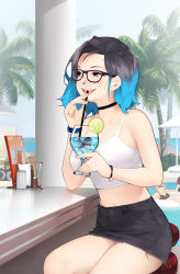 Rule 34 | 3girls, ashley rosemarry, bikini, black-framed eyewear, black bikini, black hair, blue eyes, blue hair, bracelet, breasts, camisole, choker, day, drinking straw, eyeshadow, facing viewer, glass, glasses, highres, innertube, jewelry, kopianget, makeup, medium breasts, midriff, mole, mole on breast, molie lindsey, multicolored hair, multiple girls, open mouth, original, palm tree, pool, shelby seraphine, short hair, skirt, solo focus, swim ring, swimsuit, tree, two-tone hair