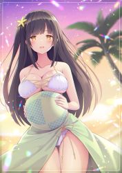Rule 34 | 1girl, ball, bare arms, bare shoulders, beachball, bikini, black hair, blush, breasts, commentary, cowboy shot, english commentary, flower, framed, hair flower, hair ornament, halterneck, halterneck, highres, large breasts, long hair, looking at viewer, mole, mole on breast, one side up, open mouth, original, sarong, sasakura momiji, solo, string bikini, sunset, swimsuit, white bikini, yellow eyes