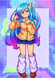 Rule 34 | 1girl, :3, alternate costume, blue eyes, blue hair, cellphone, contemporary, duel monster, flat chest, full body, gyaru, highres, jacket, long hair, looking at viewer, mamama (mamama open), phone, pink hair, rilliona (yu-gi-oh!), school uniform, side ponytail, smartphone, smug, solo, thighhighs, v, very long hair, witchcrafter madame verre, yellow jacket, yu-gi-oh!, zettai ryouiki