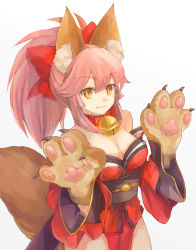 Rule 34 | 1girl, 241 (nishiki), animal ear fluff, animal ears, animal hands, bad id, bad pixiv id, bell, breasts, cat paws, cleavage, collar, collarbone, fangs, fate/grand order, fate (series), fox ears, fox girl, fox tail, gloves, hair ribbon, jingle bell, large breasts, long hair, neck bell, paw gloves, pink hair, ponytail, red ribbon, ribbon, simple background, solo, tail, tamamo (fate), tamamo cat (fate), tamamo cat (first ascension) (fate), white background, yellow eyes