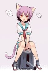 Rule 34 | 10s, 1girl, :o, animal ears, between legs, blush, cannon, cat ears, cat tail, fang, grey background, highres, kantai collection, kemonomimi mode, looking at viewer, neckerchief, ohta yuichi, personification, purple hair, red eyes, school uniform, short hair, shorts, simple background, sitting, solo, tail, tama (kancolle), translated, v arms