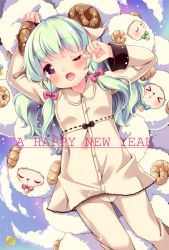 Rule 34 | &gt; &lt;, 1girl, aqua hair, arms up, bad id, bad pixiv id, closed eyes, dress, hair ribbon, happy new year, horns, irori, long hair, lying, new year, on back, one eye closed, open mouth, original, pink eyes, ribbon, rubbing eyes, sheep, sheep girl, sheep horns, silver hair, solo, waking up, white dress