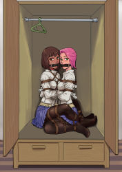Rule 34 | 2girls, absurdres, bdsm, bit gag, black legwear, blue skirt, blush, bondage, bound, bound arms, bound legs, bound together, breast bondage, breasts, brown eyes, brown hair, character request, closet, clothes hanger, commentary request, dark-skinned female, dark skin, door, drawer, freckles, full body, gag, gagged, green eyes, highres, indoors, leg lock, looking at viewer, medium breasts, multiple girls, open door, original, pantyhose, pink hair, pleated skirt, restrained, root001, rope, shibari, shibari over clothes, short hair, sitting, skirt, small breasts, straitjacket, swept bangs, yuri