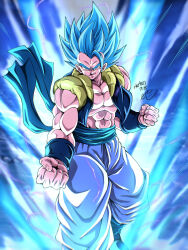 Rule 34 | 1boy, abs, artist name, aura, baggy pants, biceps, blue eyes, blue hair, blue sash, bracer, clenched hands, closed mouth, commentary request, dragon ball, dragon ball super, dragon ball super broly, electricity, energy, gogeta, highres, male focus, metamoran vest, muscular, muscular male, open clothes, open vest, pants, pectorals, sash, seya (asasei 718), signature, smile, smirk, solo, spiked hair, super saiyan, super saiyan blue, v-shaped eyebrows, vest, white pants