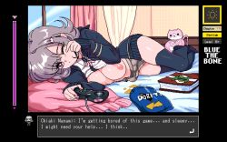 Rule 34 | 1990s (style), 1girl, black shirt, black thighhighs, bluethebone, breasts, breasts out, brown skirt, clothes lift, controller, danganronpa (series), doritos, english text, fake screenshot, flipped hair, game controller, grey hair, hair ornament, hairclip, indoors, large breasts, long sleeves, lying, miniskirt, mole, mole on breast, nanami chiaki, nipples, on side, one eye closed, pc-98 (style), pc98, pink eyes, pixel art, pleated skirt, retro artstyle, shirt, shirt lift, skirt, sleepy, solo, thighhighs