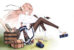 Rule 34 | 1girl, absurdres, asashiro echo, black pantyhose, box, braid, chain, chinese commentary, commentary request, cuffs, elf, full body, geta, gloves, grass, grey eyes, hair ornament, hair ribbon, hairclip, half updo, handcuffs, highres, hugging own legs, joe19990131, light brown hair, long hair, looking at viewer, map, mixed-language commentary, original, pantyhose, parted lips, pleated skirt, pointy ears, ribbon, scroll, shackles, shirt, shoes, unworn shoes, sitting, skirt, smile, socks, tabi, treasure chest, white pantyhose, white shirt, white skirt