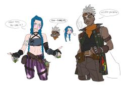 Rule 34 | 1boy, 1girl, alternate costume, alternate universe, arcane: league of legends, arcane jinx, bare shoulders, belt, black shirt, blouse, blue hair, braid, brown belt, brown gloves, brown pants, cloud tattoo, collarbone, dark-skinned male, dark skin, earrings, ekko (league of legends), english text, explosive, facial mark, fingerless gloves, firelight ekko, gloves, goggles, goggles on head, grenade, heart, highres, holding, holding grenade, holding weapon, jewelry, jinx (league of legends), league of legends, long hair, looking at viewer, monkey tattoo, mush820823, navel, official alternate hairstyle, pants, parted lips, pink pants, pouch, shirt, smile, speech bubble, striped clothes, striped pants, teeth, twin braids, twintails, weapon, yellow eyes