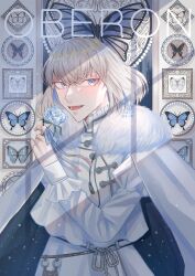Rule 34 | 1boy, blue eyes, blue flower, blue rose, bug, butterfly, cloak, crown, dated, diamond hairband, fate/grand order, fate (series), flower, fur-trimmed cloak, fur trim, grey hair, highres, holding, holding flower, ichimichi 111, insect, long sleeves, looking at viewer, male focus, medium hair, no wings, oberon (fate), rose, smile, solo, upper body, white cloak