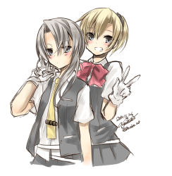 Rule 34 | 10s, 2girls, asymmetrical hair, bad id, bad pixiv id, blonde hair, blush, bow, bowtie, collared shirt, dated, flipped hair, gloves, grey eyes, grey skirt, grin, holding hands, kantai collection, looking at viewer, maikaze (kancolle), multiple girls, necktie, nowaki (kancolle), open clothes, open vest, pleated skirt, ponytail, school uniform, shirt, short hair, short ponytail, signature, silver hair, simple background, skirt, smile, swept bangs, twitter username, upper body, v, vest, white background, white gloves, yellow necktie, yuihira asu