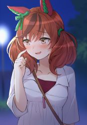 Rule 34 | 1girl, animal ears, blurry, blurry background, blush, casual, collarbone, commentary request, embarrassed, finger to face, hair ornament, hair ribbon, highres, horse ears, looking away, low twintails, medium hair, nice nature (umamusume), night, open mouth, red hair, ribbon, solo, somechime (sometime1209), twintails, umamusume, yellow eyes
