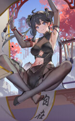 Rule 34 | 1girl, absurdres, arm up, armpits, black dress, black gloves, black hair, blue eyes, breasts, calligraphy brush, character request, china dress, chinese clothes, closed mouth, commentary request, double bun, dress, elbow gloves, full body, gloves, hair bun, hair ornament, highres, holding calligraphy brush, holding paintbrush, large breasts, long hair, looking at viewer, navel, pantyhose, sitting, smile, solo, swd3e2, thighs, tower of fantasy