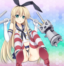 Rule 34 | &gt; &lt;, 10s, 1girl, anchor, ass, bare shoulders, black panties, blonde hair, blush, cleft of venus, closed eyes, clothing aside, elbow gloves, gloves, hair ornament, hair ribbon, kantai collection, knees to chest, long hair, looking at viewer, minase, navel, open mouth, panties, panties aside, partially visible vulva, personification, pussy, pussy peek, rensouhou-chan, ribbon, sailor collar, shimakaze (kancolle), sitting, skirt, solo, spread legs, striped clothes, striped thighhighs, thighhighs, underwear, upskirt, wedgie, white gloves